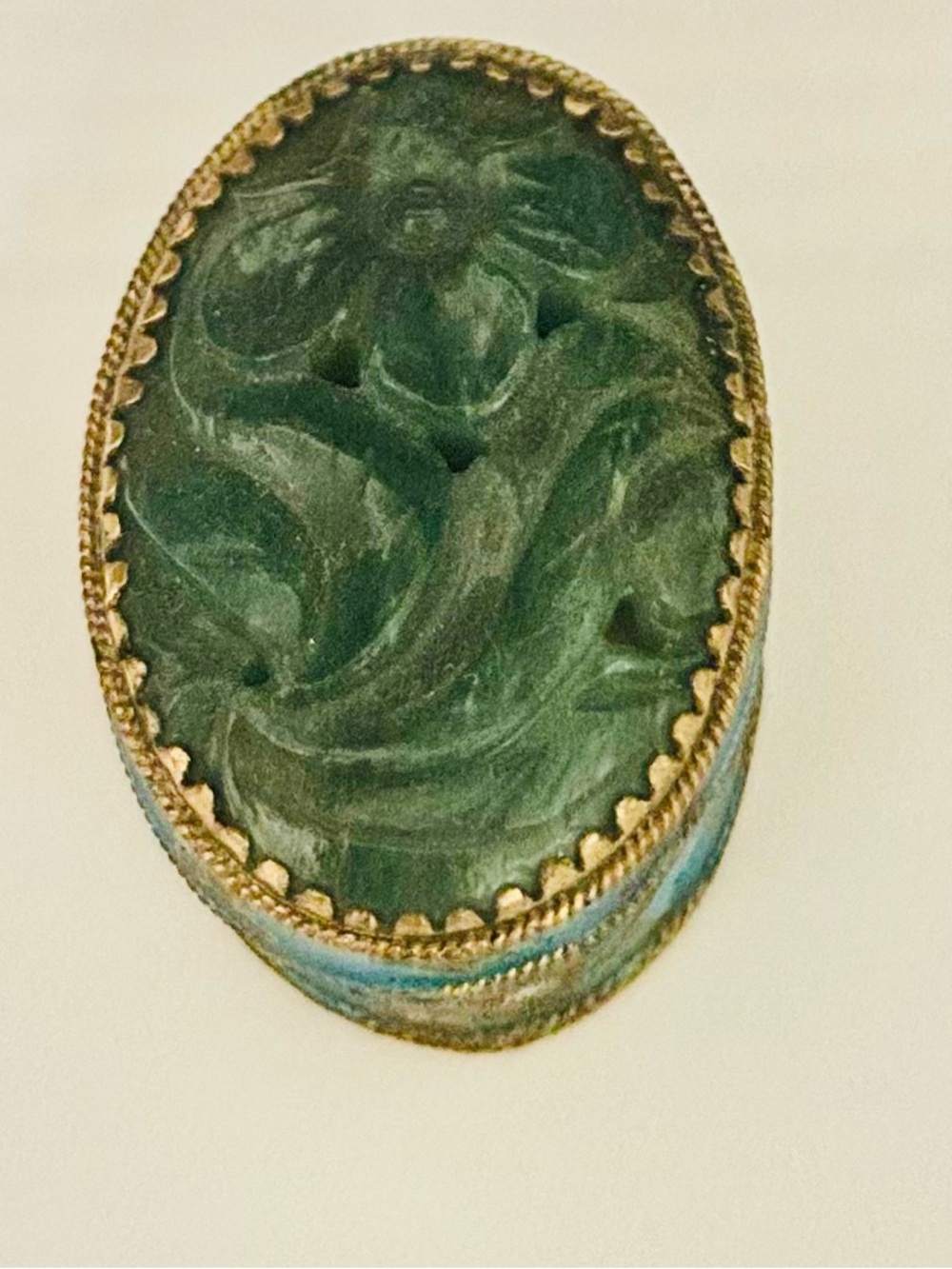 Oval Jade Trinket Box with Decorative Gold Trim